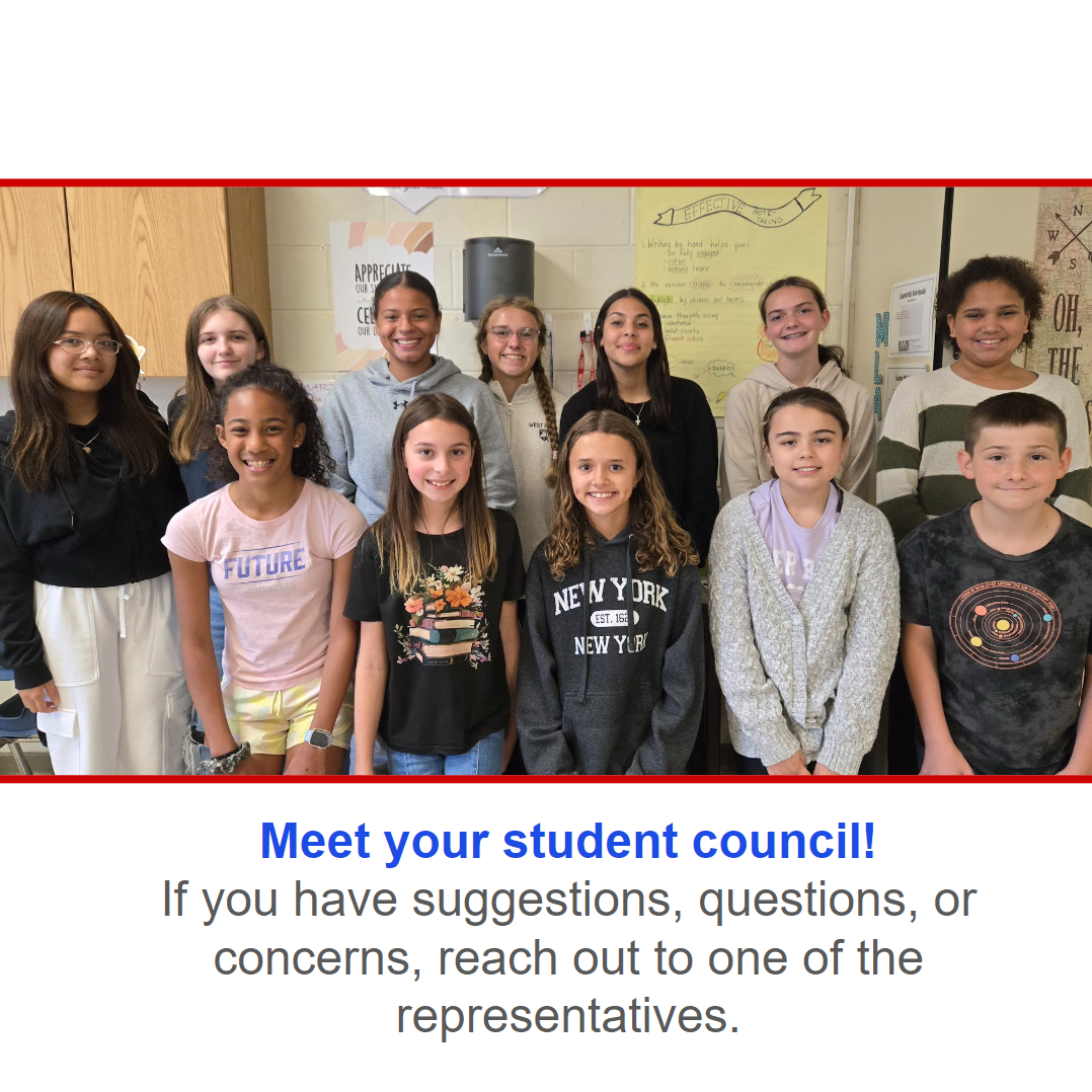 Students stand in two rows with the text "Meet your student council" beneath.